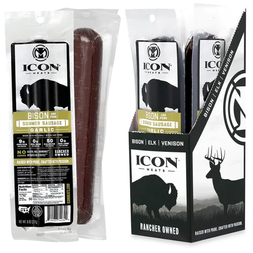 ICON Meats Bison and Pork Summer Sausage, Garlic Flavor, 4 Pack High Protein Snacks, Individually Wrapped, Zero Sugar, Gluten Free, Natural, USDA