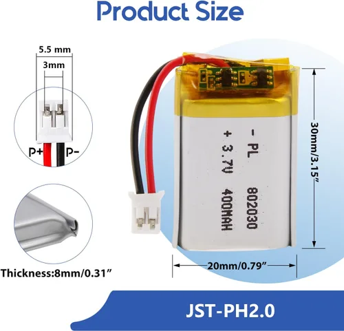 Miniatura 2 de Batería Lipo de 3.7V 400mAh 802030 Batería recargable de polímero de litio con conector JST PH2.0.000 in para altavoz Bluetooth, GPS, reloj