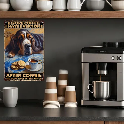Miniatura 5 de KIYOYO Basset Hound Dog - Cartel de metal vintage de hound con texto en inglés "Before Coffee After Coffee" (Antes del café después del café)