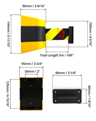 Miniatura 6 de QWORK Barrera de cinturón retráctil de montaje en pared fija, caja ABS de 16 pies, cinturón de seguridad negro y amarillo con tornillos
