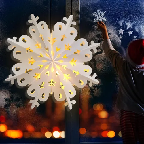 Miniatura 4 de Mudder 3 linternas de copo de nieve de papel de Navidad con 5 luces LED de 23.6 pulgadas, lámparas colgantes blancas 3D de copo de nieve