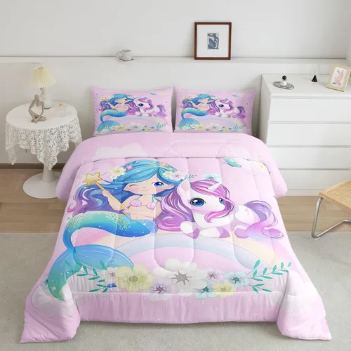 Miniatura 2 de Erosebridal Edredón de sirena azul para niñas, ropa de cama de unicornio lindo de 3 piezas para niños, juegos de ropa de cama y colecciones