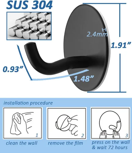 Miniatura 3 de Ganchos adhesivos para toallas, color negro mate, paquete de 6 ganchos de pared resistentes para colgar batas, lufas, toallas, ganchos para ropa