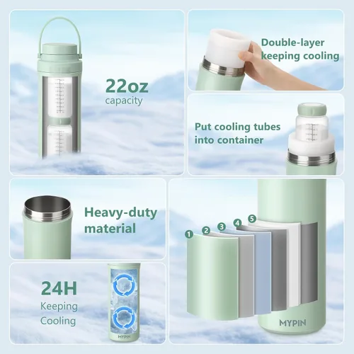 Miniatura 9 de MYPIN Enfriador portátil de leche materna de 22 onzas para exteriores, tubos de enfriamiento de 360° durante 24 horas con 2 biberones de bebé