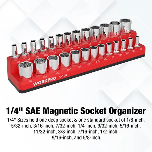 Miniatura 2 de WORKPRO Organizador magnético para llaves de vaso, portavasos SAE de 1/4 pulgadas, bandejas para llaves de vaso con capacidad para 26 piezas
