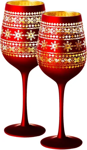 Miniatura 6 de Copas de cristal para vino y agua para árbol de Navidad, juego de 2 unidades, diseño temático rojo y dorado grabado con nieve de invierno, vidrio