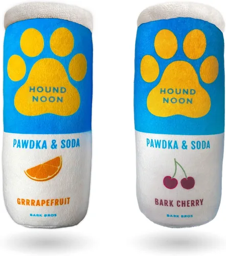 Bark Bros - Hound Noon - Paquete de dos juguetes chirriantes de felpa para perros divertidos parodia de bebida - Juguete de perro con alcohol -