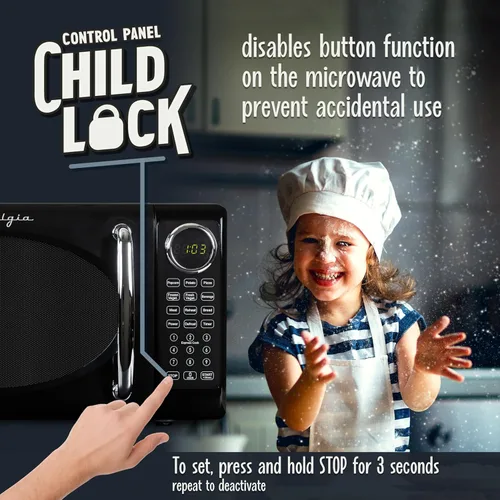 Miniatura 4 de Nostalgia Horno microondas retro de 0.7 pies cúbicos, tamaño de encimera de 700 vatios con tocadiscos de vidrio, bloqueo de seguridad para niños, 8