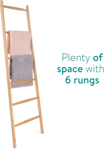 Miniatura 6 de Navaris Escalera para toallas de bambú, estante de madera, toalla, toalla, ropa, barandilla de lino para baño y dormitorio, soporte para toallas