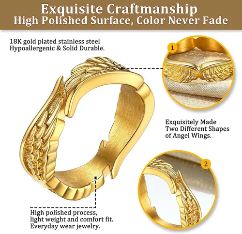Miniatura 3 de Bestyle Anillos antiguos de alas de ángel para mujeres y hombres, anillos de banda de plumas de guardián, anillos de promesa para parejas amantes