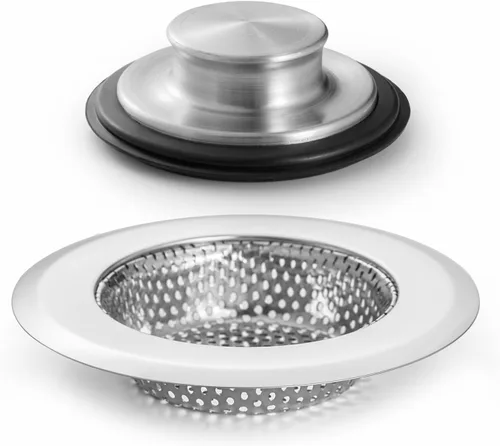 CORNERJOY Colador de cesta de fregadero de cocina de acero inoxidable resistente con borde de 4.5 pulgadas de diámetro y tapón de fregadero de