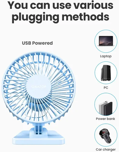 Miniatura 6 de Gaiatop Ventilador de escritorio USB, pequeño pero potente, portátil, silencioso, 3 velocidades, mini ventilador de escritorio ajustable para Azul