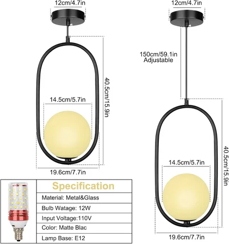 Miniatura 6 de lobolighting Iluminación colgante moderna, paquete de 2 lámparas colgantes negras de altura ajustable, lámpara de mediados de siglo, globo de vidrio