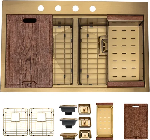 Miniatura 8 de Strictly Sinks - Fregadero de cocina con estación de trabajo de 33 pulgadas, fregadero dorado de acero inoxidable calibre 16 con colador, tabla
