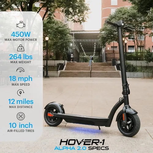 Miniatura 2 de Hover-1 Alpha 2.0 Foldable Electric Scooter with 450W Brushless Motor, 18 mph Max Speed, 10” Air-Filled Tires and 12 Mile Range Gris