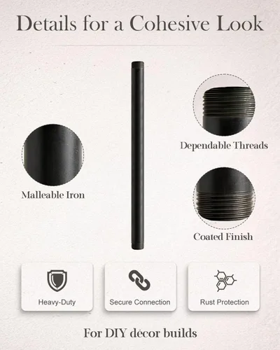 Miniatura 5 de Accesorios de pezones de acero maleable negro de 1 x 18 pulgadas, pezones de tubo roscados de 1 pulgada, estilo vintage industrial Steampunk DIY