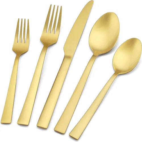 E-far - Juego de cubiertos de 20 piezas de acero inoxidable mate para 4, cubiertos de metal para comer, incluye tenedores, cucharas, cuchillos, Oro