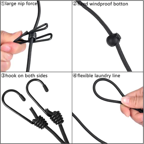 Miniatura 4 de 1 paquete de tendedero portátil con 12 pinzas para la ropa, tendedero de viaje elástico, retráctil, línea de ropa elástica para patio trasero, hotel