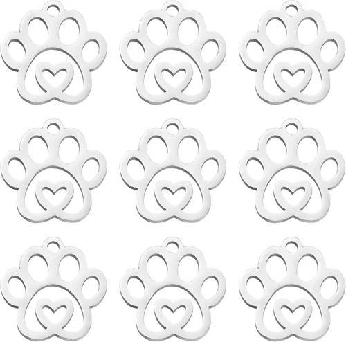 Ipotkitt 10 dijes de huella de acero inoxidable 304 para mascotas, perros, gatos, huellas de corazón, para manualidades, joyas, collares,