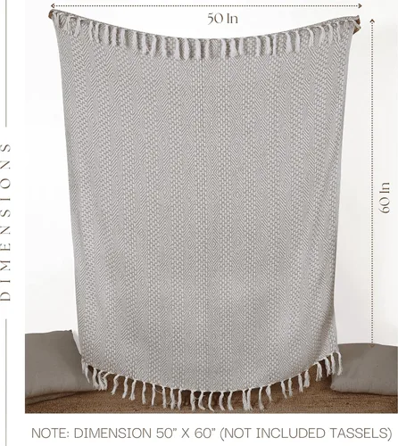 Miniatura 5 de RAJRANG Manta bohemia de algodón, 50 x 60 pulgadas, manta rústica para sofá para decoración de sala de estar, plumas, gris, beige Azul verdoso