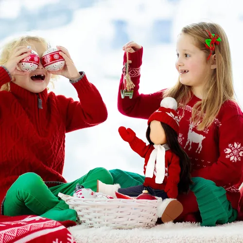 Miniatura 7 de Bencailor Conjunto de 6 piezas de ropa y accesorios de muñeca de Navidad de 18 pulgadas, conjunto de trajes de invierno, suéteres, pantalones, Rojo