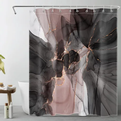 Miniatura 27 de LB Cortina de ducha abstracta de mármol, textura de mármol rosa y negro, cortina de ducha de arte moderno para baño, 60 x 72 pulgadas, tela