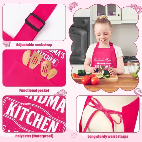 Miniatura 3 de Juego de 3 delantales para niños y adultos, regalo para la abuela y el niño, diseño de cocina de la abuela rosa, delantales de cocina ajustables