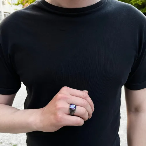 Miniatura 3 de Anillo de plata de ley 925 con piedra de amatista para hombre