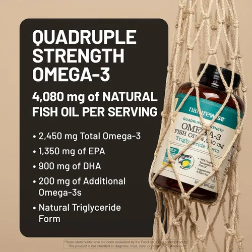 Miniatura 5 de NatureWise Aceite de pescado Omega 3 de fuerza cuádruple, 4080 mg, forma natural TG + capturado en estado salvaje, 2450 mg Omega 3 + 1350 mg EPA 900