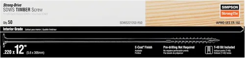 Simpson Strong-Tie SDWS221200-R50 - Tornillos para madera SDWS de accionamiento fuerte (grado interior), 0.220 pulgadas x 12 pulgadas, revestimiento