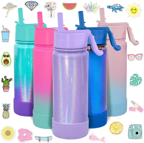 Miniatura 17 de CHILLOUT LIFE - Botella de agua aislada de 17 onzas con tapa con pajilla para niños, a prueba de fugas y bonitas calcomanías impermeables, termo
