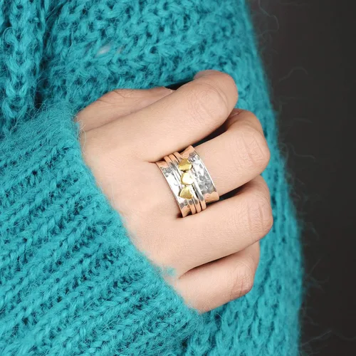 Miniatura 2 de Boho-Magic Anillo giratorio para mujer de plata de ley 925 con corazones de latón y bandas antiestrés