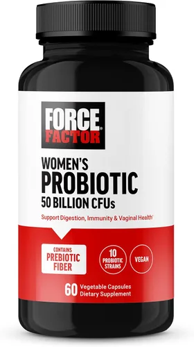 Force Factor Probiótico para mujeres 50 mil millones de UFC, probiótico femenino para salud digestiva, inmunidad y salud vaginal, 10 cepas con