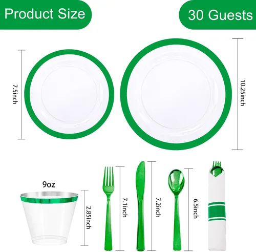 Miniatura 5 de I00000 210 piezas de platos de plástico verdes - Vajilla verde para el día de San Patricio para fiesta, incluye 30 platos de cena y 30 platos