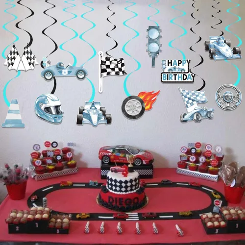 Miniatura 7 de Remolinos colgantes de cumpleaños de coche de carreras, 20 unidades, decoración de fiesta de autos de carreras, banderas a cuadros, serpentinas
