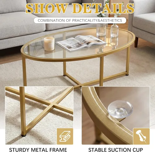 Miniatura 6 de Wolawu Mesa de centro ovalada dorada de vidrio para sala de estar, mesas de té modernas con marco de metal dorado para espacios pequeños, mesa