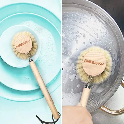 Miniatura 7 de AMERWASH PLUS Cepillo para platos con mango de madera, cepillo de cocina natural para platos, verduras, ollas y sartenes, limpiador de cerdas