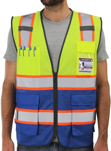 Miniatura 9 de Dib Safety Chaleco de malla reflectante de alta visibilidad en dos tonos con bolsillos y cremallera, malla azul con ribete amarillo, L Azul