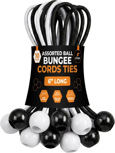 Xpose Safety Cuerdas elásticas de bolas de 6 pulgadas, paquete de 10 cuerdas elásticas resistentes de colores surtidos en blanco y negro con lazos