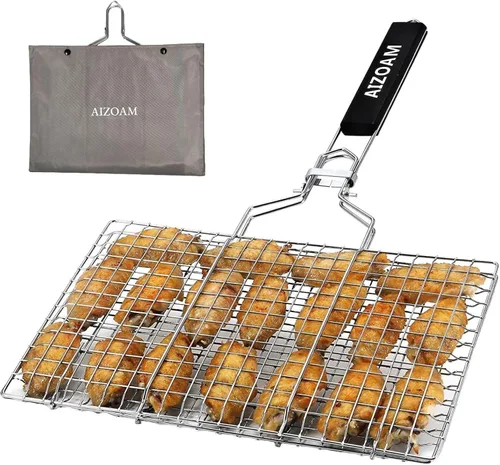 Miniatura 8 de AIGMM herramienta de malla de acero inoxidable portátil, para asar a la parrilla pescado, vegetales, carne, camarones, costillitas, y mucho mas.