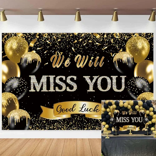 Fondo de fiesta de despedida de jubilación We Will Miss You Black Gold Glitter Balloon Photography Background Goodbye Going Away Retirement Bye