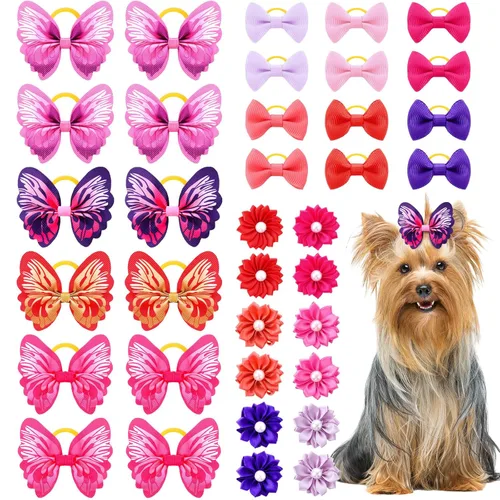 Miniatura 9 de Janinka 36 lazos para el pelo de perro con bandas de goma, lazos anudados para perros pequeños, perlas de flores, bandas elásticas para el cabello
