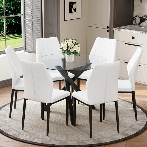 Miniatura 22 de Juego de mesa de comedor redonda para 6, juego de mesa de comedor de vidrio de 39 pulgadas con base de metal ajustable dorada en forma de X y 6