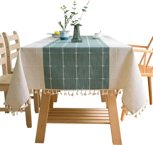 Miniatura 14 de Mantel rústico bordado con borla, lino de algodón sin arrugas, antidecoloración, lavable, a prueba de polvo, para comedor, cocina, fiesta, Azul