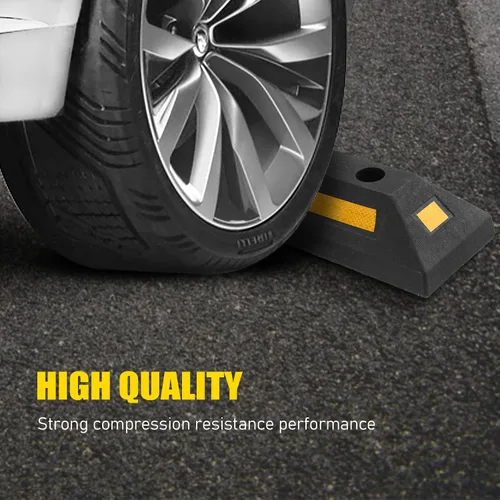 Miniatura 3 de ATPEAM Tope de goma para suelo de vehículo, paquete de 2 bloques de estacionamiento negros con rayas reflectantes amarillas para automóvil, camión