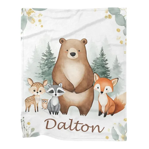 Manta personalizada de vellón para niños con nombre, manta de bebé personalizada con animales del bosque, para cama, regalo de cumpleaños, baby