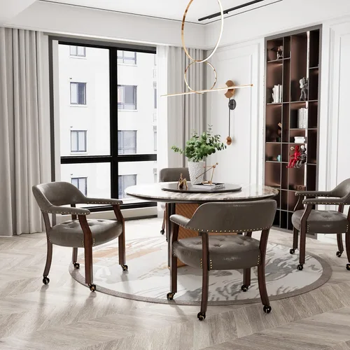 Miniatura 28 de Juego de 8 sillas de cuero de comedor con ruedas y brazos, silla de capitán Accent con ruedas, sillas de madera con ruedas enrollables para cocina