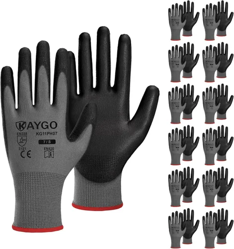 Miniatura 24 de KAYGO KG11PB - Guantes de seguridad con revestimiento delgado de poliuretano, tejido sin costuras, agarre suave en palma y dedos, para trabajo Verde