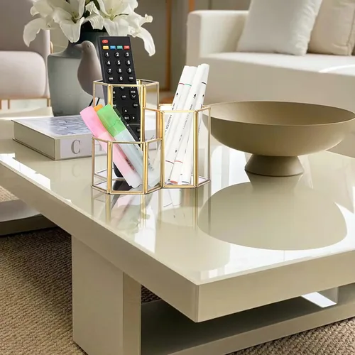 Miniatura 6 de Hipiwe Porta brochas de maquillaje de vidrio, 3 ranuras espejadas, organizador de brochas de cosméticos doradas, vitrina, caja de almacenamiento