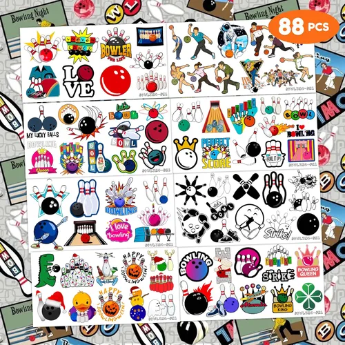 Miniatura 3 de 88 tatuajes temporales de boliche para niños, divertidas calcomanías de bola de boliche, recuerdos de fiesta de cumpleaños temática deportiva